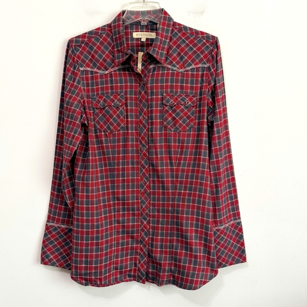 Stetson Womens Shirt L Snap Front Red Gray Plaid Western Ranch Rodeo Cowgirl NEW